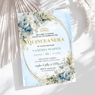 Elegant Pastel Blue Gold Eucalyptus 15th Birthday  Invitation