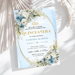 Elegant Pastel Blue Gold Eucalyptus 15th Birthday Invitation