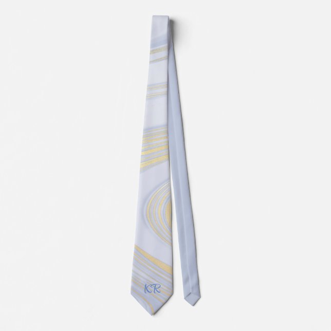 Elegant Pastel Blue Gold Marble Pattern Initials Tie (Front)