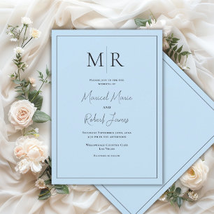 Elegant Pastel Blue  Monogram Modern Wedding Invitation