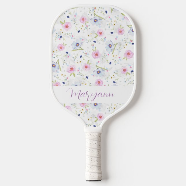 Elegant Pastel Blue Pink Flowers Personalized Pickleball Paddle (Front)