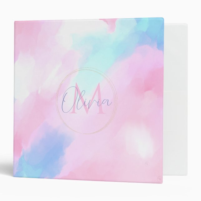 Elegant Pastel Blue Pink Watercolor Painting Binder (Front/Inside)