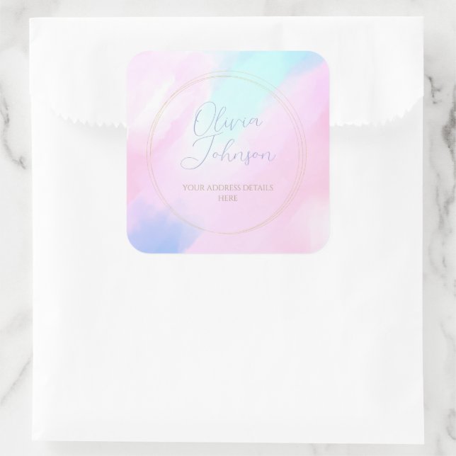 Elegant Pastel Blue Pink Watercolor Painting Square Sticker (Bag)