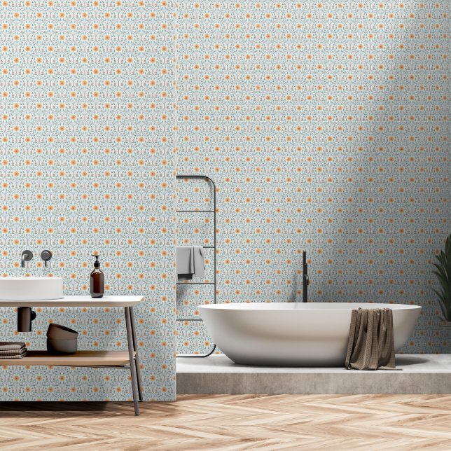 Elegant Pastel Blue Spring Floral Pattern Wallpaper (Bathroom)