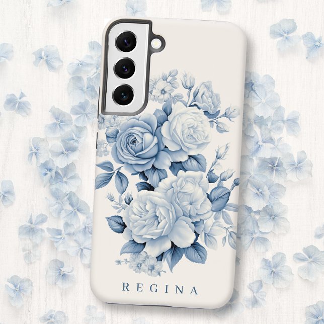 Elegant Pastel Blue Watercolor Roses Personalized Samsung Galaxy S22+ Case (Creator Uploaded)