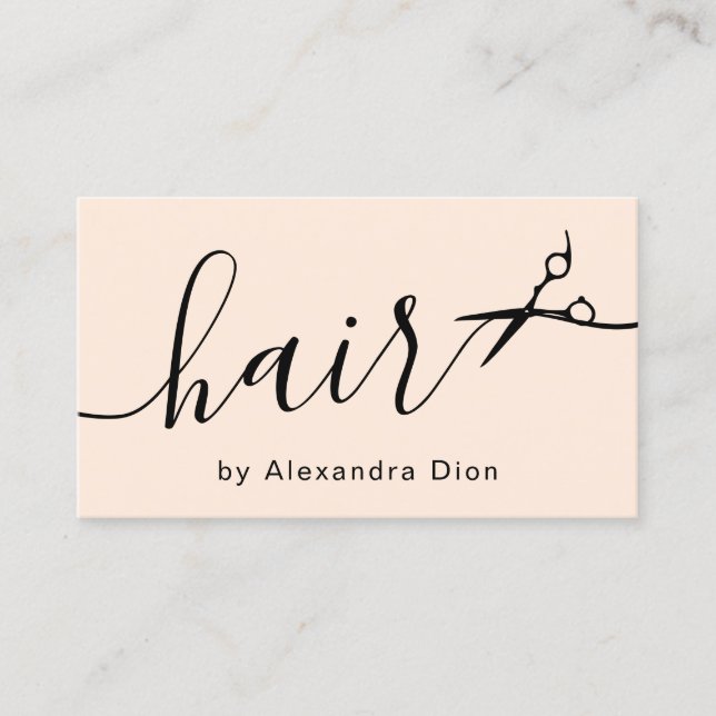 Elegant pastel blush & black scissors hairstylist business card (Front)