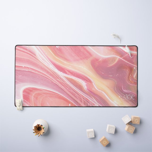    Elegant Pastel Blush Pink Girly Monogram Marbly Desk Mat (Kids Table)