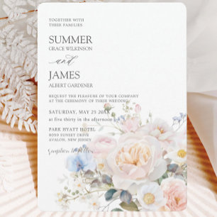 Elegant Pastel Blush White Blue Floral Wedding Invitation