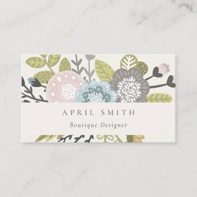 Elegant Pastel Boho Blush Blue Green Leafy Floral Business Card (Front)
