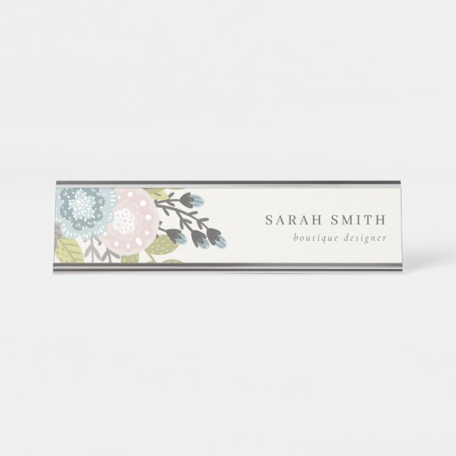 Elegant Pastel Boho Blush Blue Green Leafy Floral Desk Name Plate (Front)