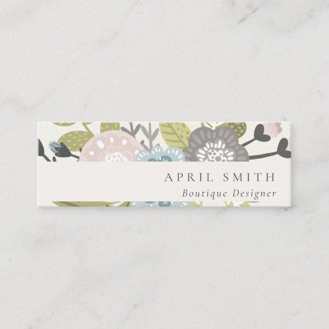 Elegant Pastel Boho Blush Blue Green Leafy Floral Mini Business Card (Front)