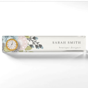 Elegant Pastel Boho Blush Blue Green Leafy Floral Nameplate