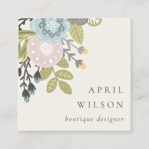 Elegant Pastel Boho Blush Blue Green Leafy Floral Square Business Card