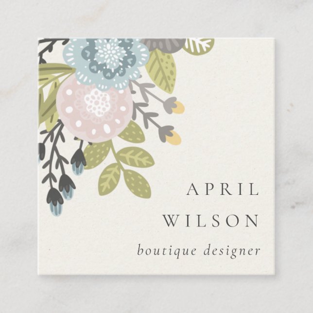 Elegant Pastel Boho Blush Blue Green Leafy Floral Square Business Card (Front)