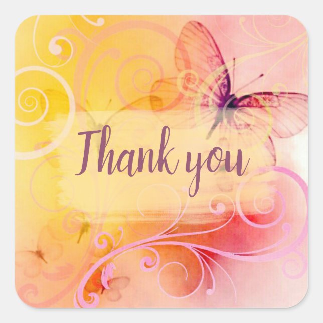Elegant Pastel Butterflies and Swirls Thank You Square Sticker (Front)