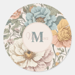 Elegant Pastel Colours Vintage Floral Monogram Classic Round Sticker