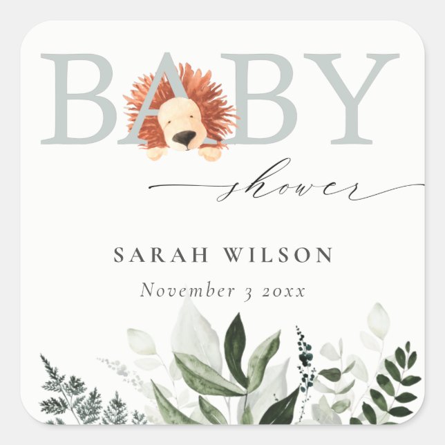 Elegant Pastel Cute Boho Lion Foliage Baby Shower Square Sticker (Front)