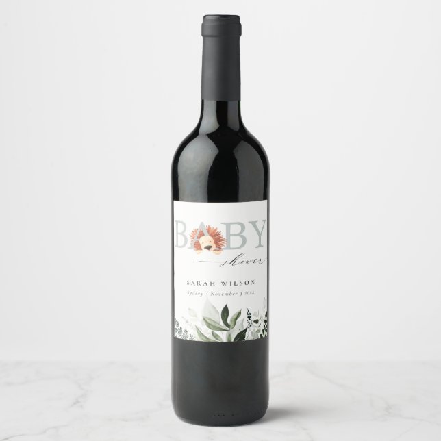 Elegant Pastel Cute Boho Lion Foliage Baby Shower Wine Label (Front)