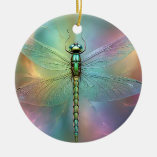 Elegant Pastel Dragonfly Fractal Art, Ceramic Ornament