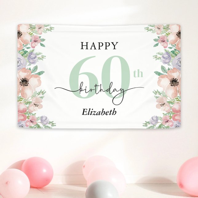 Elegant Pastel Floral 60th Birthday Party  Banner (Creator Uploaded)