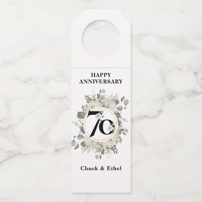 Elegant Pastel Floral 70th ANNIVERSARY Bottle Tag (Front)