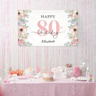 Elegant Pastel Floral 80th Birthday Party  Banner