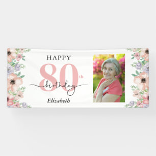 Elegant Pastel Floral 80th Birthday Party Photo  Banner