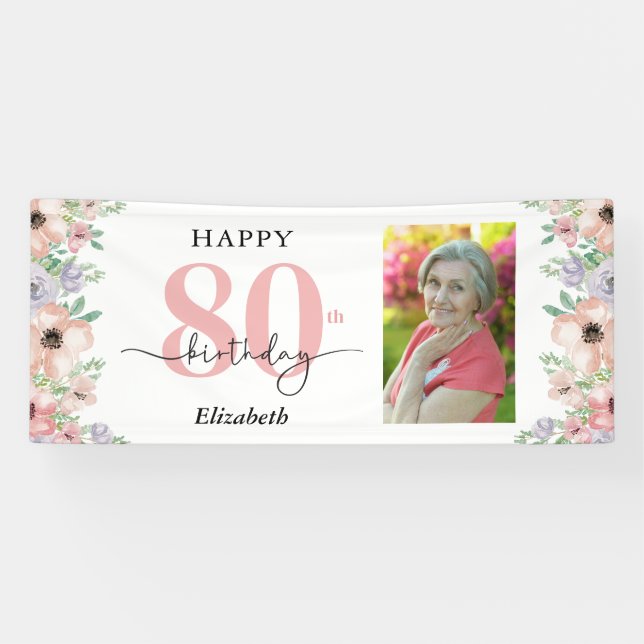 Elegant Pastel Floral 80th Birthday Party Photo  Banner (Horizontal)