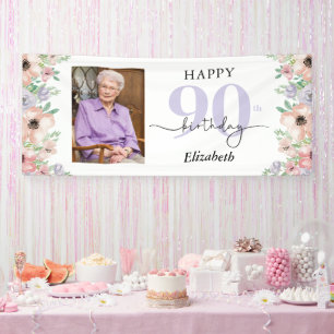Elegant Pastel Floral 90th Birthday Party Photo Banner