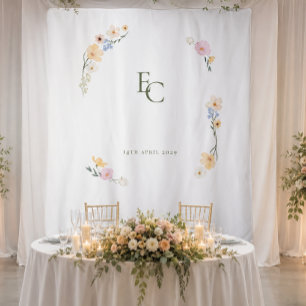 Elegant Pastel Floral Boho Monogram Wedding Tapestry
