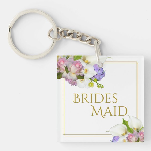 Elegant Pastel Floral Bridesmaid Wedding Favour  Keychain (Front)