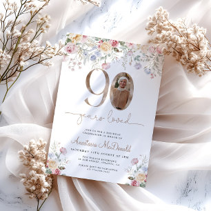 Elegant Pastel Floral Photo 90th Birthday Invitation