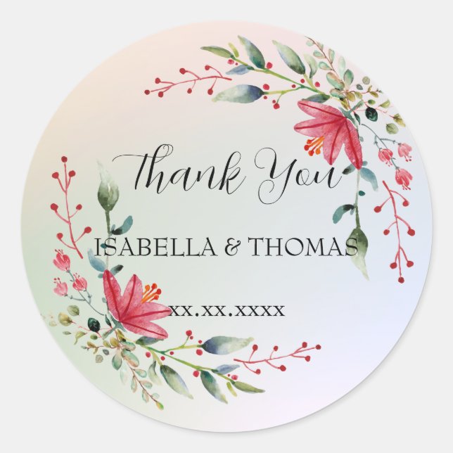 Elegant pastel floral Thank You Wedding party Classic Round Sticker (Front)