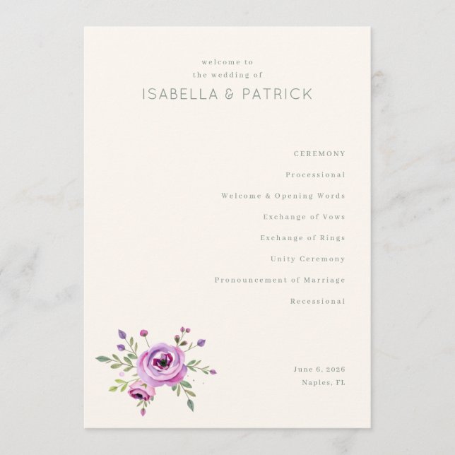 Elegant Pastel Floral Wedding Ceremony Program (Front)