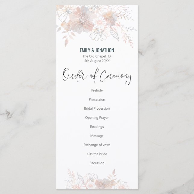 Elegant Pastel Florals Blush Grey Script Wedding Program (Front)