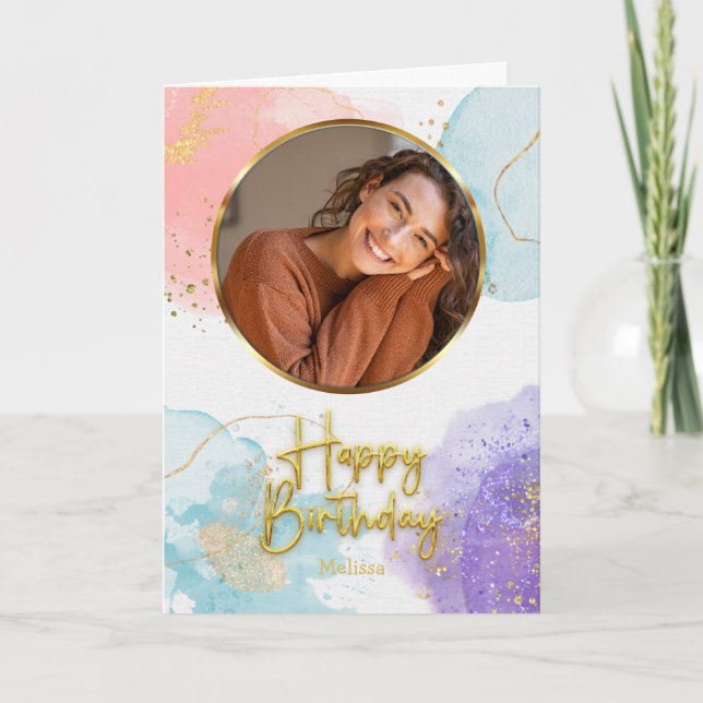Elegant Pastel Gold Script Circle Photo Birthday Card (Front)