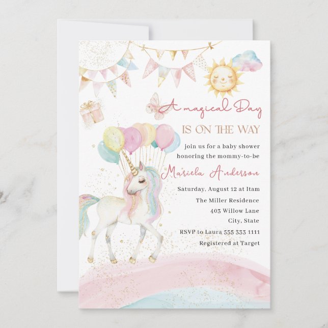 Elégant Pastel Gold Unicorn Aquarelle Invitation (Devant)