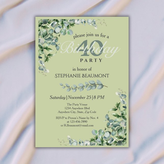 Elegant Pastel Green Flower Women's 40th Birthday  Invitation (Creator Uploaded)