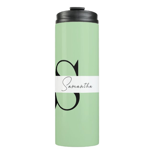 Elegant Pastel Green Monogram Thermal Tumbler (Front)