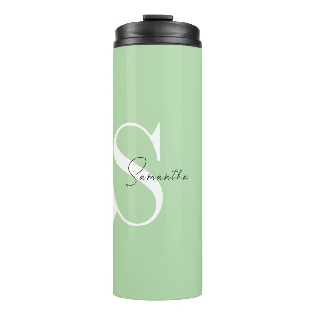 Elegant Pastel Green Monogram Thermal Tumbler (Front)