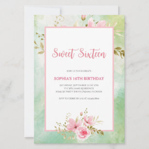 Elegant Pastel Green & Pink Floral Sweet Sixteen Invitation