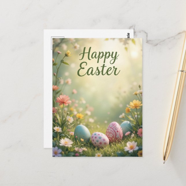 Elegant Pastel Happy Easter with Flowers and Eggs Postcard (Front/Back In Situ)