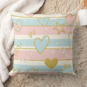Elegant Pastel Hearts with Gold Stripe Accents Throw Pillow