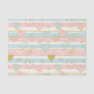Elegant Pastel Hearts with Gold Stripe Accents Tissue Paper