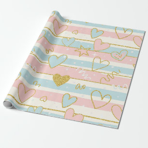 Elegant Pastel Hearts with Gold Stripe Accents Wrapping Paper