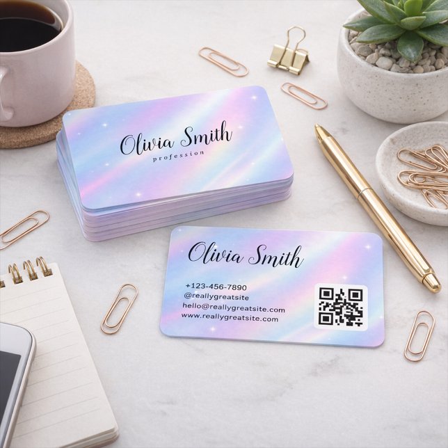 Elegant Pastel Iridescent Script Branding Qr Code Business Card (Creator Uploaded)