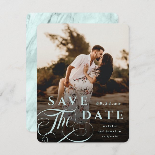 Elegant Pastel Mint Typography & Marble Back Photo Save The Date (Front/Back)
