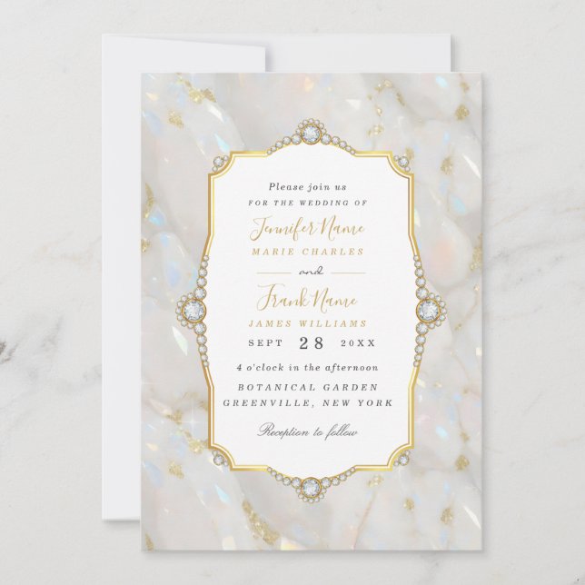 Elegant Pastel Opal Gemstone Gold Frame Invitation (Front)