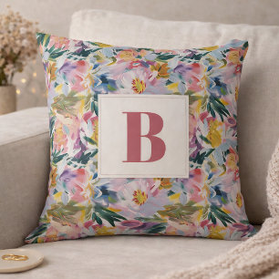 Elegant Pastel Pink Abstract Floral Monogrammed Throw Pillow