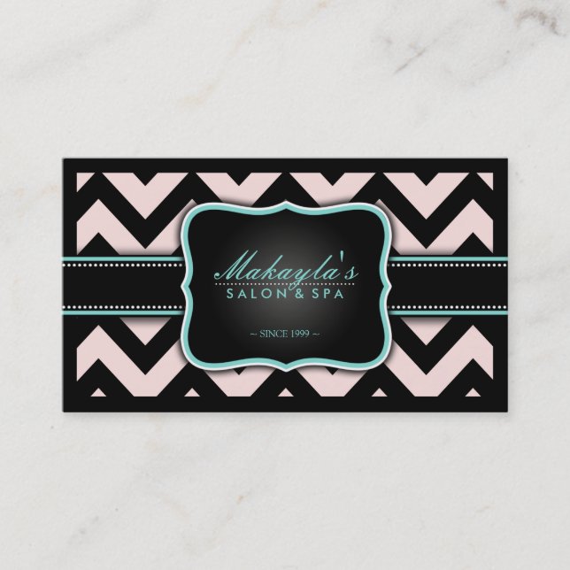 Elegant Pastel Pink and Black Chevron Pattern Business Card (Front)